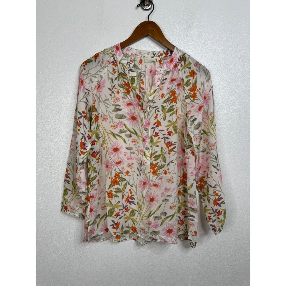 Spartina 449 Women White Floral 100%‎ Silk Long Sleeve Button Front Blouse Small